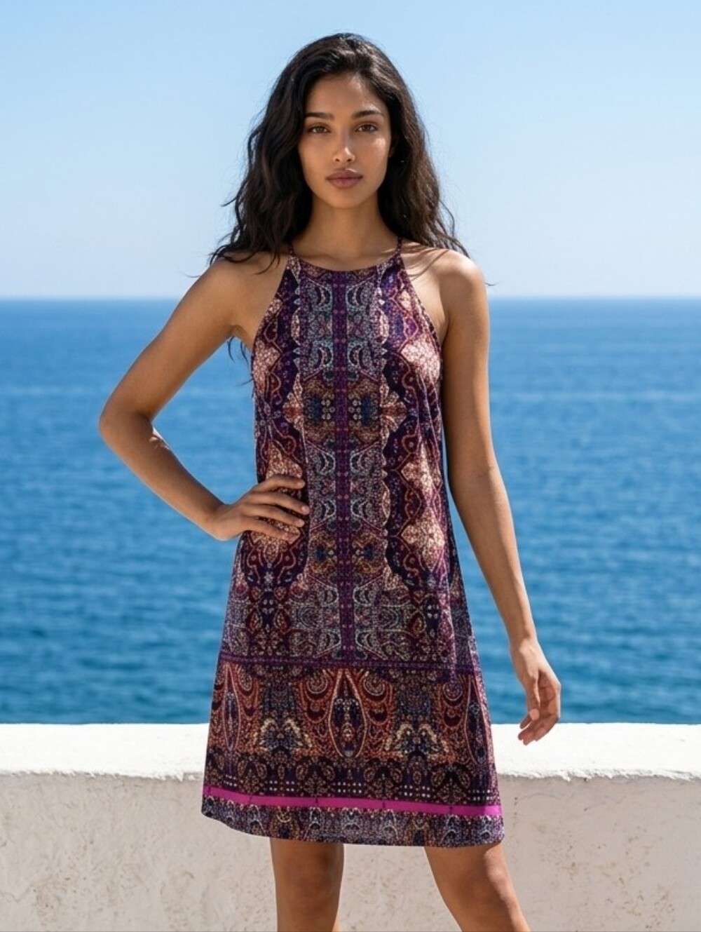 Tyche Tribal Print Trapeze Dress Medium Sleeveless High Neck Shift Mini Dress